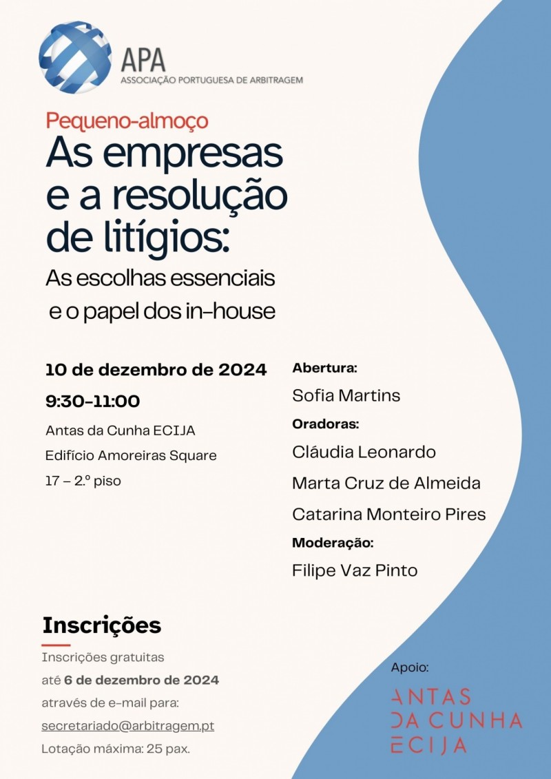 Pequeno-Almoço 'As empresas e a resolução de litígios: as escolhas essenciais e o papel dos in-house'